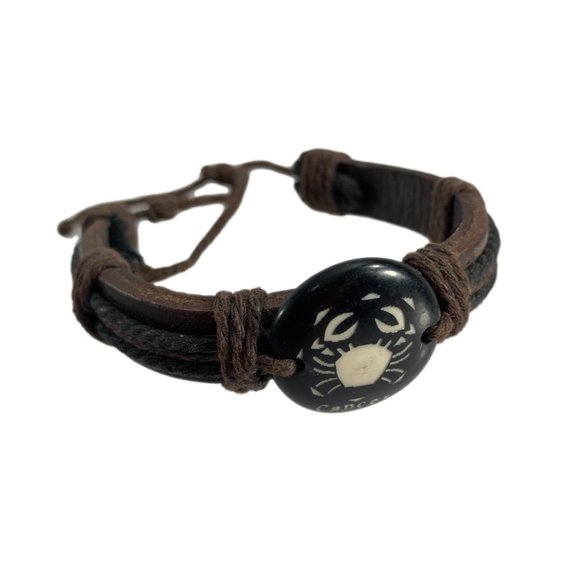 Zodiac Cancer Black Brown Leather Unisex Bracelet Surfer Style Adjustable - Picture 6 of 6